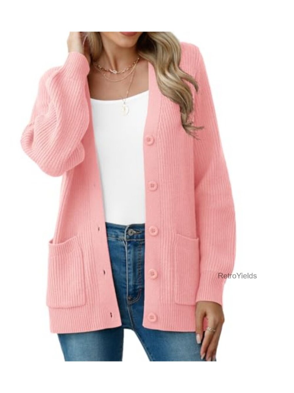 Chunky Knit Cardigan Sweater Long Sleeve V Neck Button Up Coat with Pockets